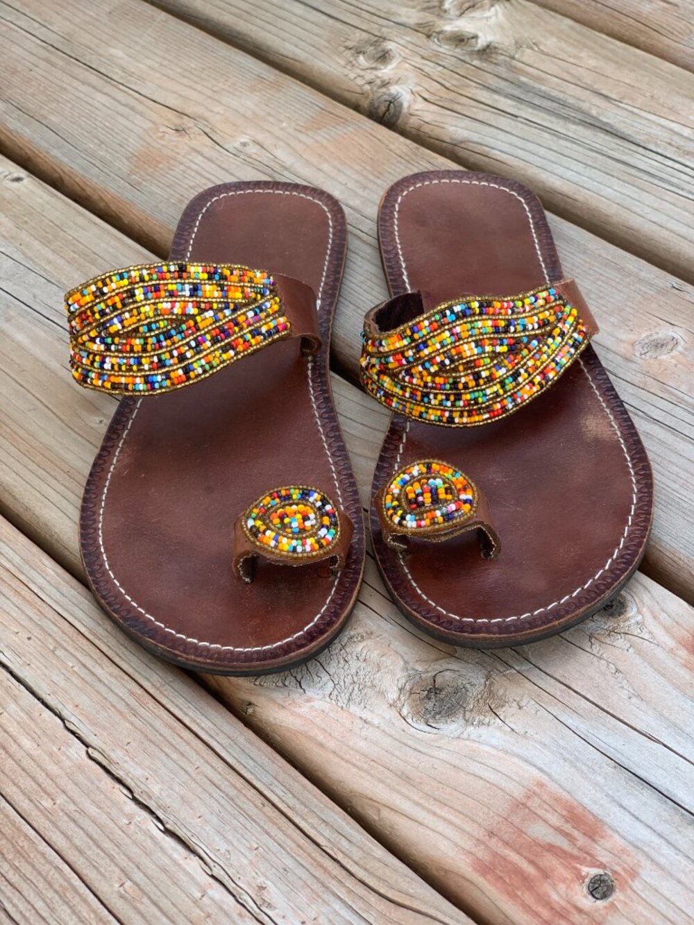 Flat Leather Maasai Beaded Sandals 41 Multicoloured Handmade Boho Beach Tribal